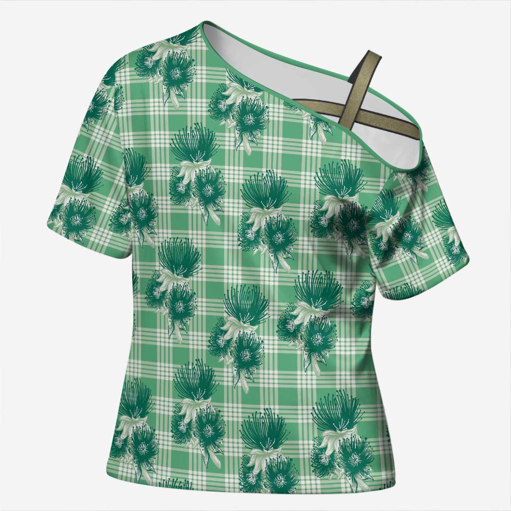 Green Palaka Hawaii Cross Shoulder Shirt Hawaiian Lehua Blossoms