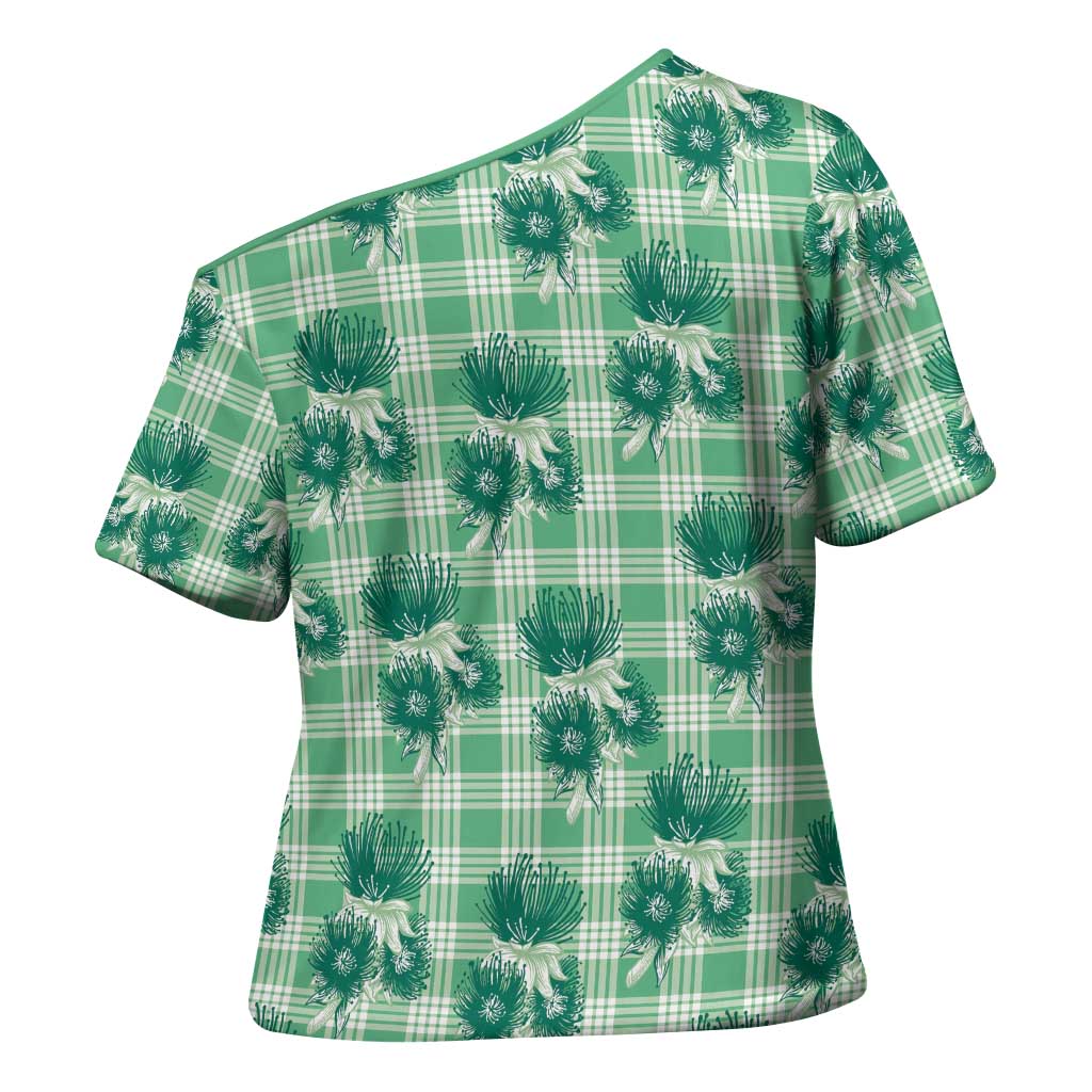Green Palaka Hawaii Cross Shoulder Shirt Hawaiian Lehua Blossoms