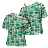 Green Palaka Hawaii Cross Shoulder Shirt Hawaiian Lehua Blossoms