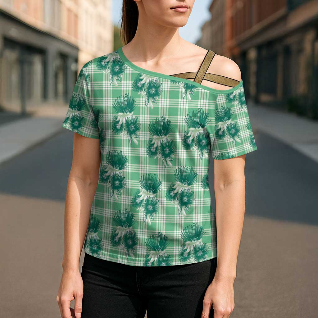 Green Palaka Hawaii Cross Shoulder Shirt Hawaiian Lehua Blossoms