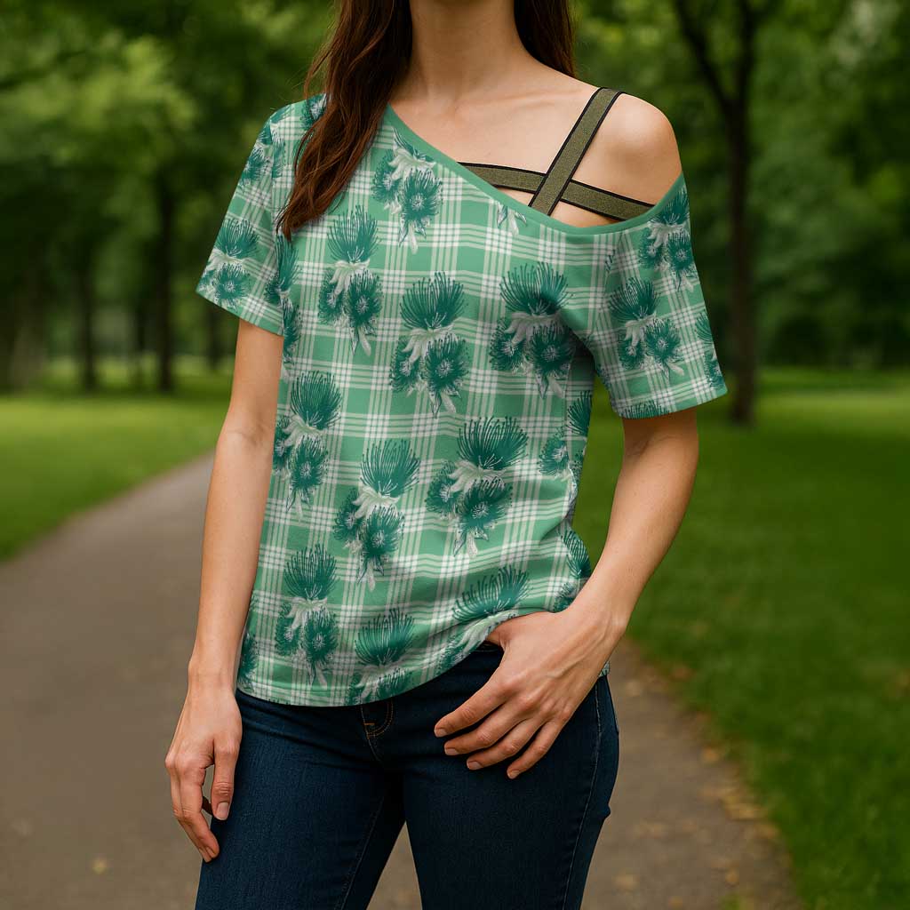 Green Palaka Hawaii Cross Shoulder Shirt Hawaiian Lehua Blossoms