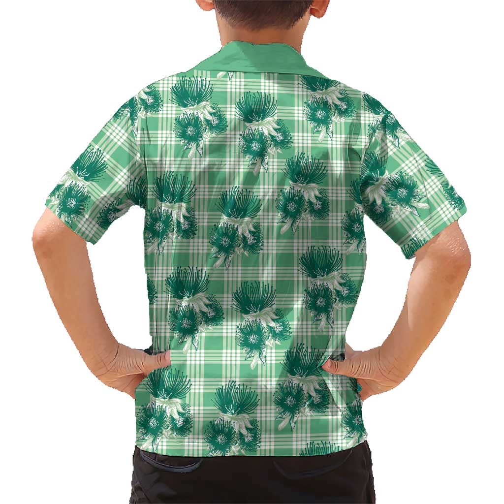 Green Palaka Hawaii Family Matching Long Sleeve Bodycon Dress and Hawaiian Shirt Hawaiian Lehua Blossoms