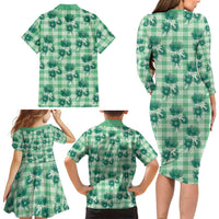 Green Palaka Hawaii Family Matching Long Sleeve Bodycon Dress and Hawaiian Shirt Hawaiian Lehua Blossoms