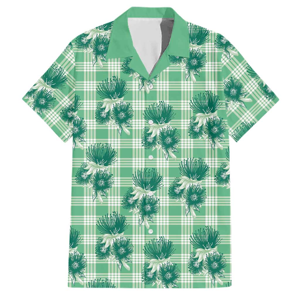 Green Palaka Hawaii Family Matching Long Sleeve Bodycon Dress and Hawaiian Shirt Hawaiian Lehua Blossoms