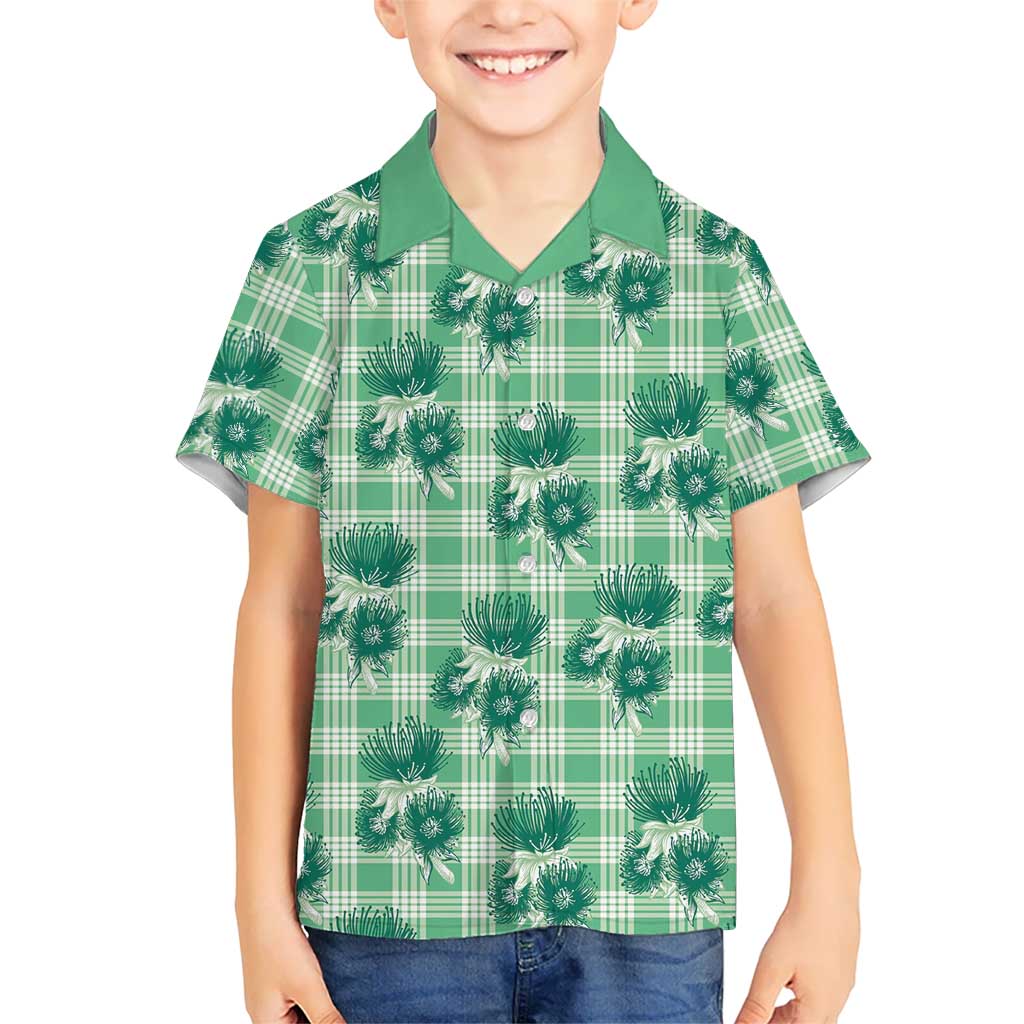 Green Palaka Hawaii Family Matching Long Sleeve Bodycon Dress and Hawaiian Shirt Hawaiian Lehua Blossoms