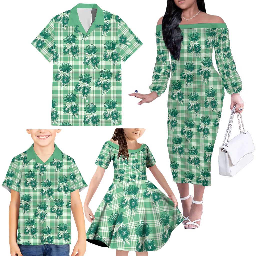 Green Palaka Hawaii Family Matching Off The Shoulder Long Sleeve Dress and Hawaiian Shirt Hawaiian Lehua Blossoms LT05 - Polynesian Pride