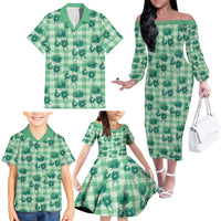 Green Palaka Hawaii Family Matching Off The Shoulder Long Sleeve Dress and Hawaiian Shirt Hawaiian Lehua Blossoms
