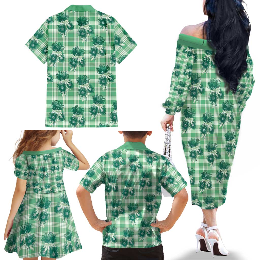 Green Palaka Hawaii Family Matching Off The Shoulder Long Sleeve Dress and Hawaiian Shirt Hawaiian Lehua Blossoms
