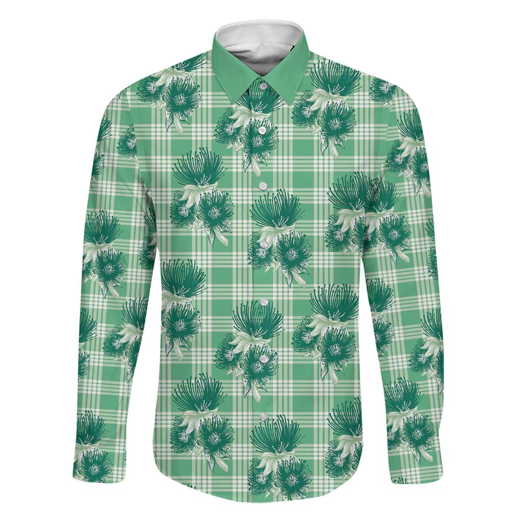 Green Palaka Hawaii Family Matching Off The Shoulder Long Sleeve Dress and Hawaiian Shirt Hawaiian Lehua Blossoms