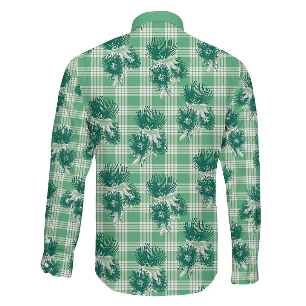 Green Palaka Hawaii Family Matching Off The Shoulder Long Sleeve Dress and Hawaiian Shirt Hawaiian Lehua Blossoms