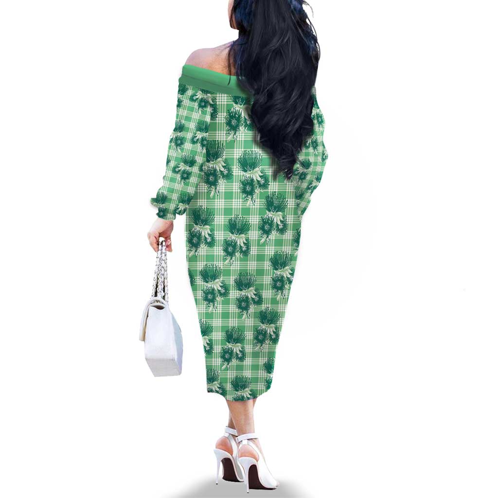 Green Palaka Hawaii Family Matching Off The Shoulder Long Sleeve Dress and Hawaiian Shirt Hawaiian Lehua Blossoms