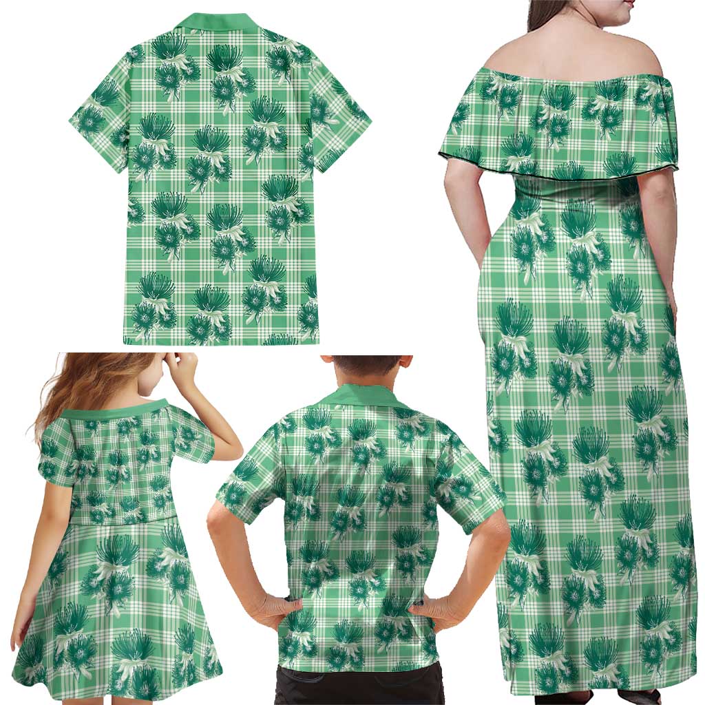 Green Palaka Hawaii Family Matching Off Shoulder Maxi Dress and Hawaiian Shirt Hawaiian Lehua Blossoms