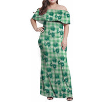 Green Palaka Hawaii Family Matching Off Shoulder Maxi Dress and Hawaiian Shirt Hawaiian Lehua Blossoms