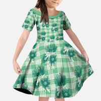 Green Palaka Hawaii Family Matching Off Shoulder Short Dress and Hawaiian Shirt Hawaiian Lehua Blossoms