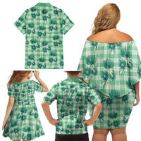 Green Palaka Hawaii Family Matching Off Shoulder Short Dress and Hawaiian Shirt Hawaiian Lehua Blossoms