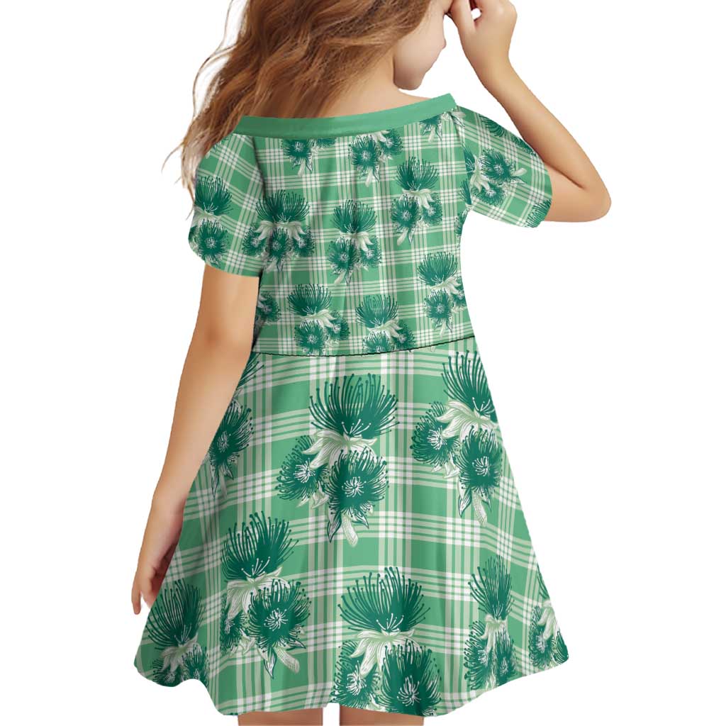 Green Palaka Hawaii Family Matching Short Sleeve Bodycon Dress and Hawaiian Shirt Hawaiian Lehua Blossoms