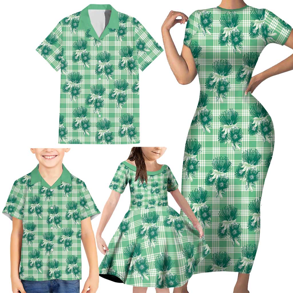 Green Palaka Hawaii Family Matching Short Sleeve Bodycon Dress and Hawaiian Shirt Hawaiian Lehua Blossoms
