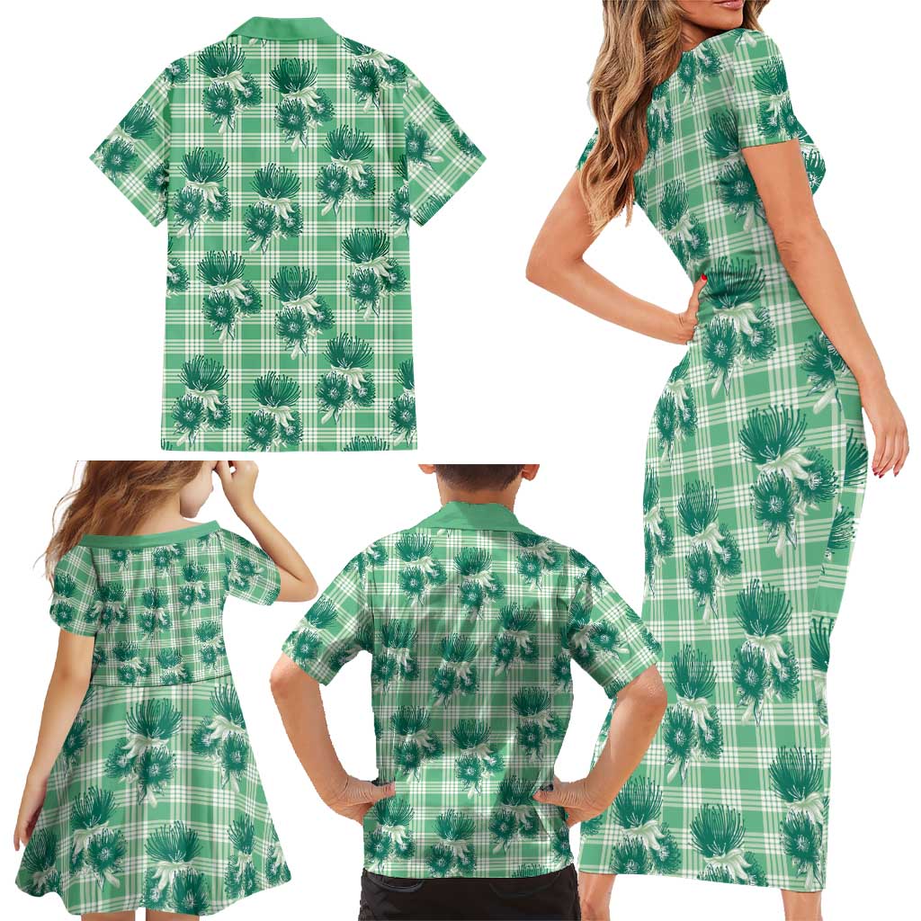Green Palaka Hawaii Family Matching Short Sleeve Bodycon Dress and Hawaiian Shirt Hawaiian Lehua Blossoms