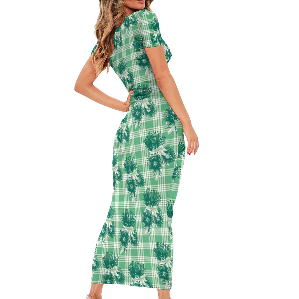 Green Palaka Hawaii Family Matching Short Sleeve Bodycon Dress and Hawaiian Shirt Hawaiian Lehua Blossoms