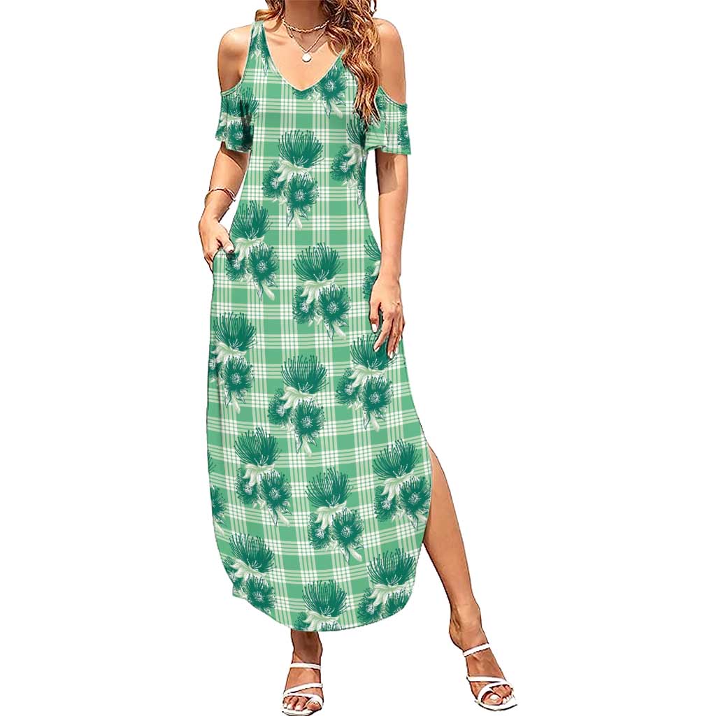 Green Palaka Hawaii Family Matching Summer Maxi Dress and Hawaiian Shirt Hawaiian Lehua Blossoms
