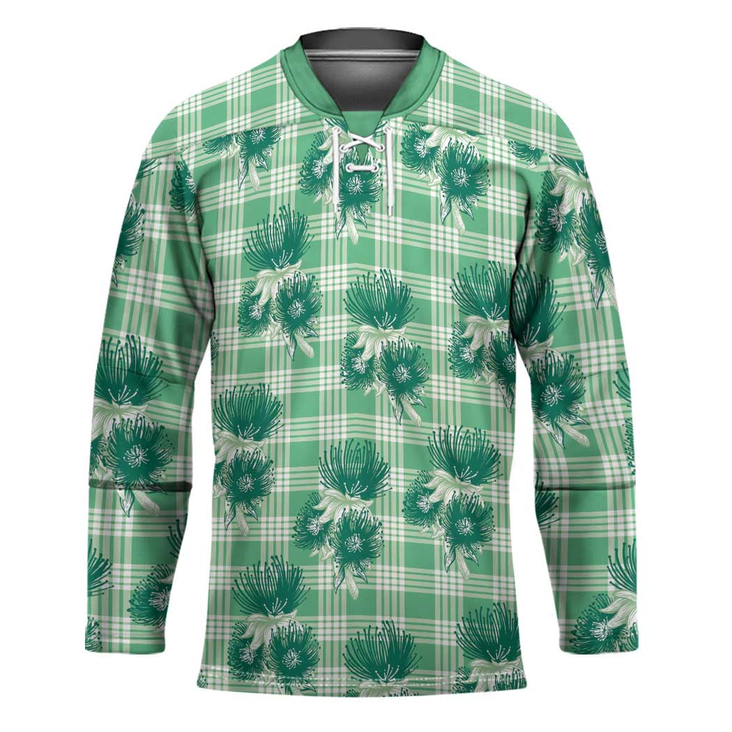 Green Palaka Hawaii Hockey Jersey Hawaiian Lehua Blossoms LT05 Unisex Green - Polynesian Pride