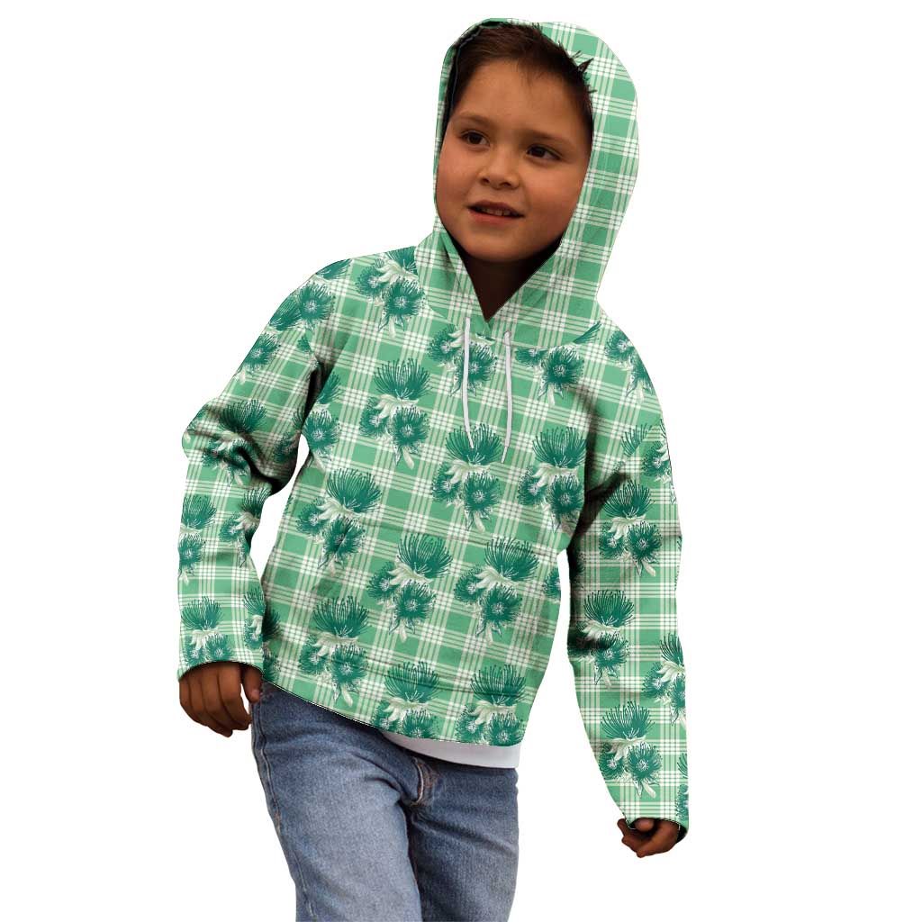 Green Palaka Hawaii Kid Hoodie Hawaiian Lehua Blossoms