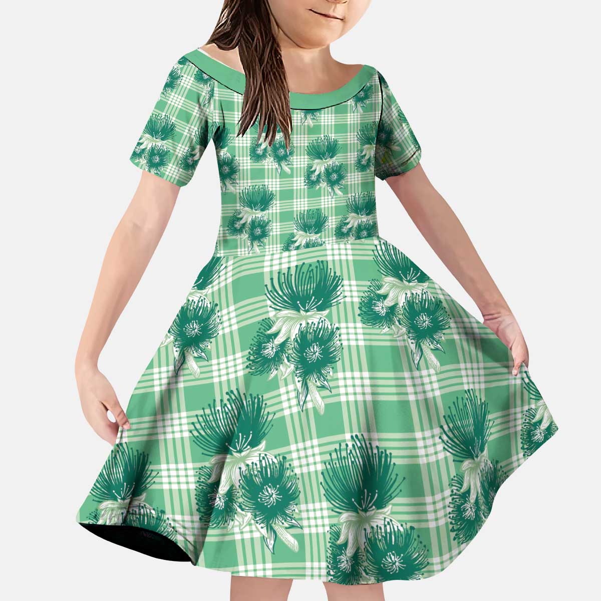 Green Palaka Hawaii Kid Short Sleeve Dress Hawaiian Lehua Blossoms LT05 KID Green - Polynesian Pride