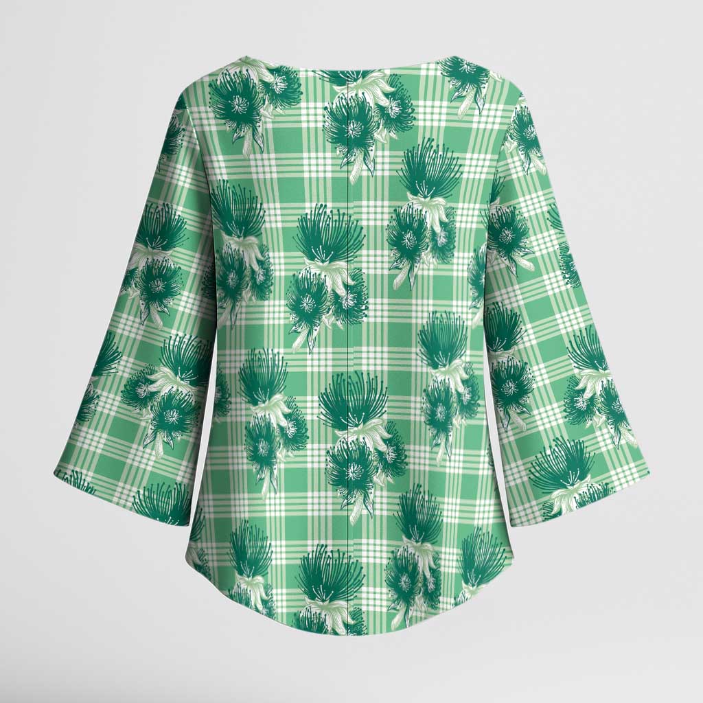 Green Palaka Hawaii Kimono Sleeve Blouse Hawaiian Lehua Blossoms LT05 - Polynesian Pride
