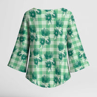 Green Palaka Hawaii Kimono Sleeve Blouse Hawaiian Lehua Blossoms LT05 - Polynesian Pride