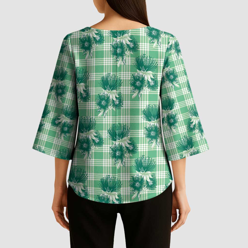 Green Palaka Hawaii Kimono Sleeve Blouse Hawaiian Lehua Blossoms LT05 - Polynesian Pride