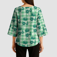 Green Palaka Hawaii Kimono Sleeve Blouse Hawaiian Lehua Blossoms LT05 - Polynesian Pride