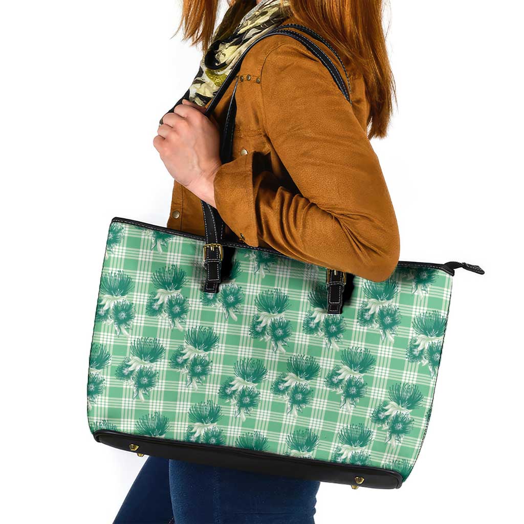 Green Palaka Hawaii Leather Tote Bag Hawaiian Lehua Blossoms