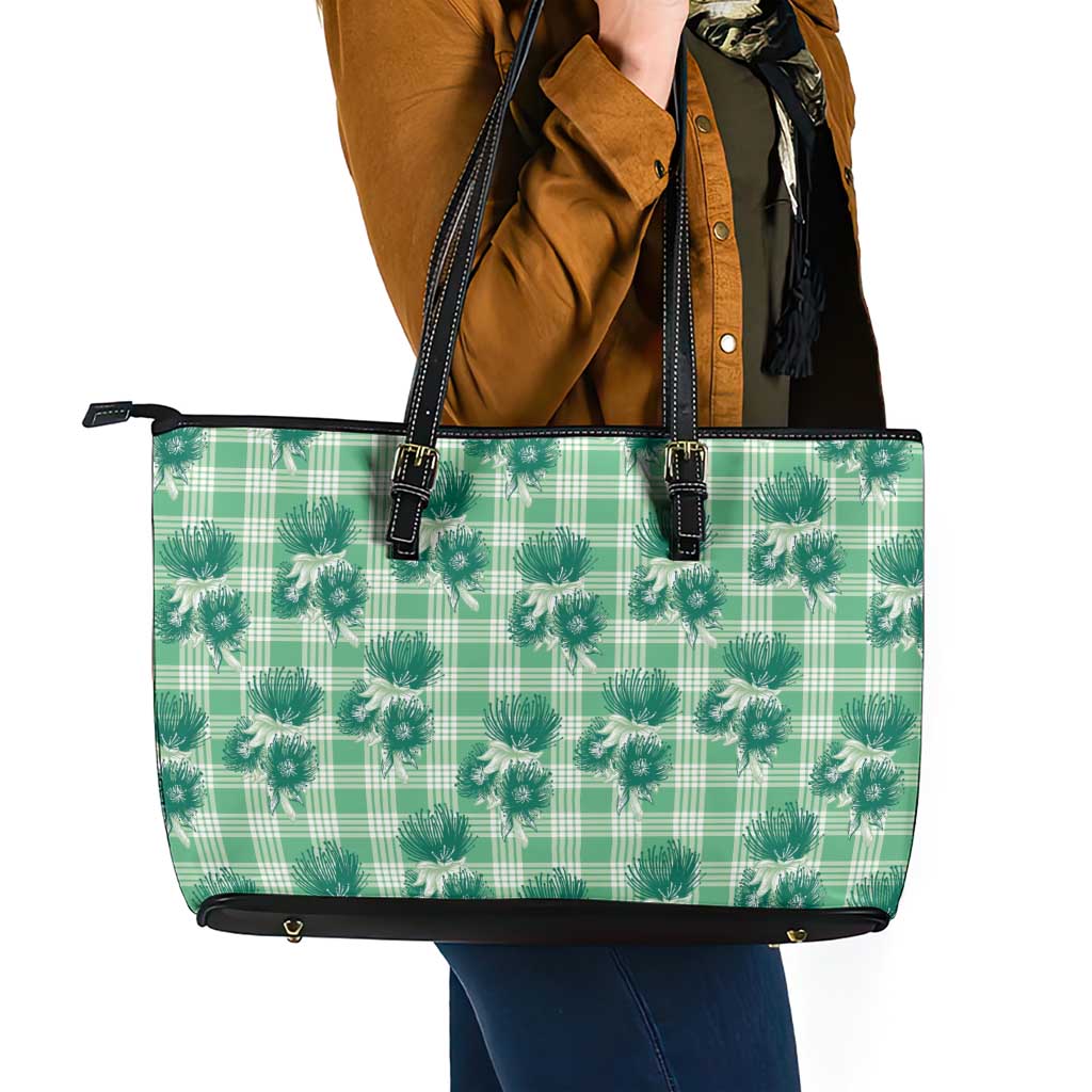 Green Palaka Hawaii Leather Tote Bag Hawaiian Lehua Blossoms