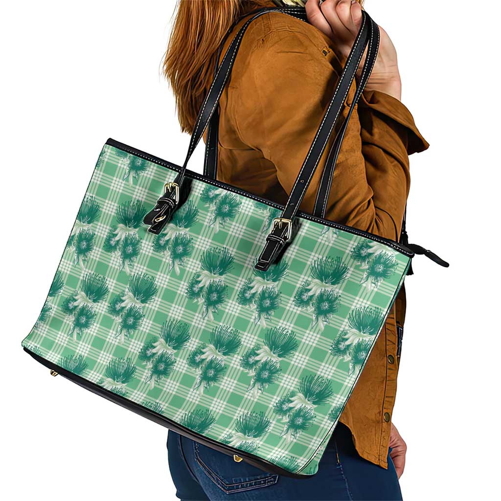Green Palaka Hawaii Leather Tote Bag Hawaiian Lehua Blossoms