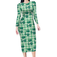 Green Palaka Hawaii Long Sleeve Bodycon Dress Hawaiian Lehua Blossoms