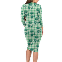 Green Palaka Hawaii Long Sleeve Bodycon Dress Hawaiian Lehua Blossoms