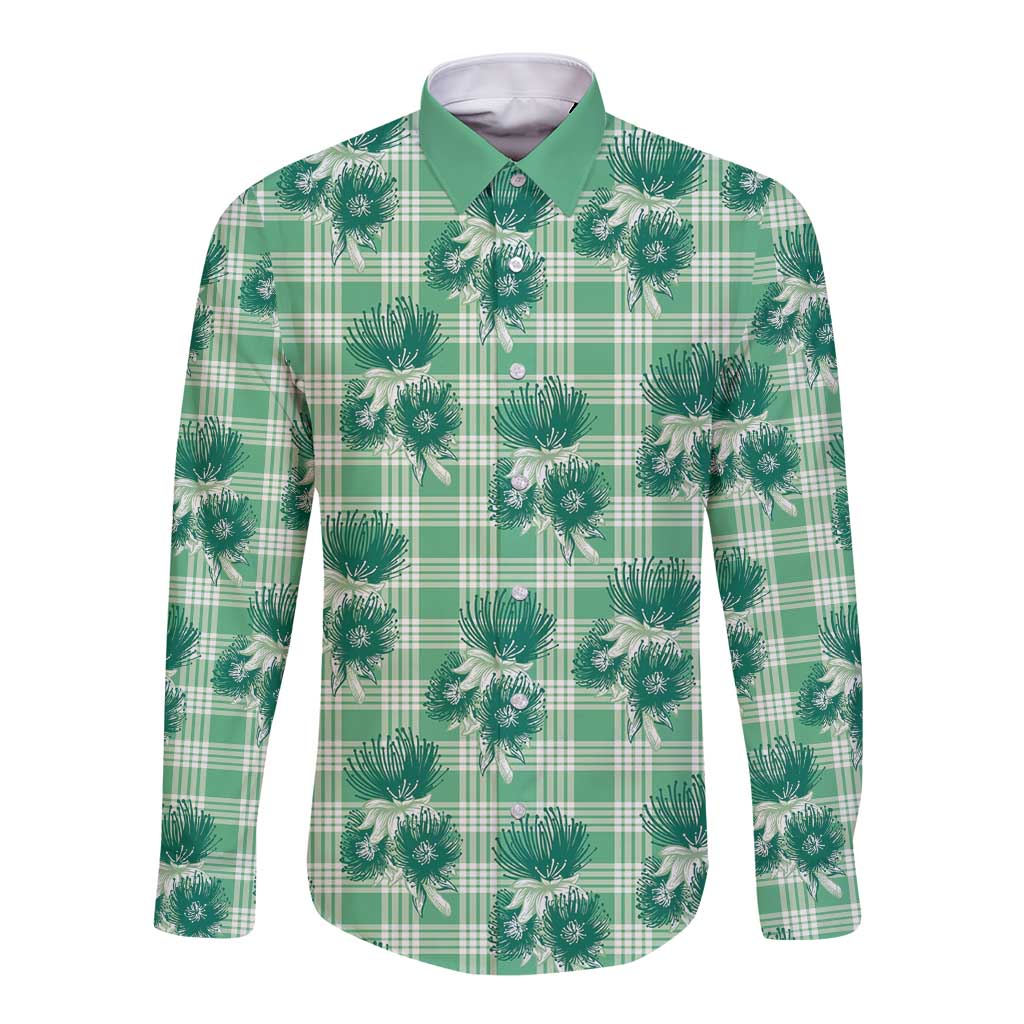 Green Palaka Hawaii Long Sleeve Button Shirt Hawaiian Lehua Blossoms LT05 Unisex Green - Polynesian Pride