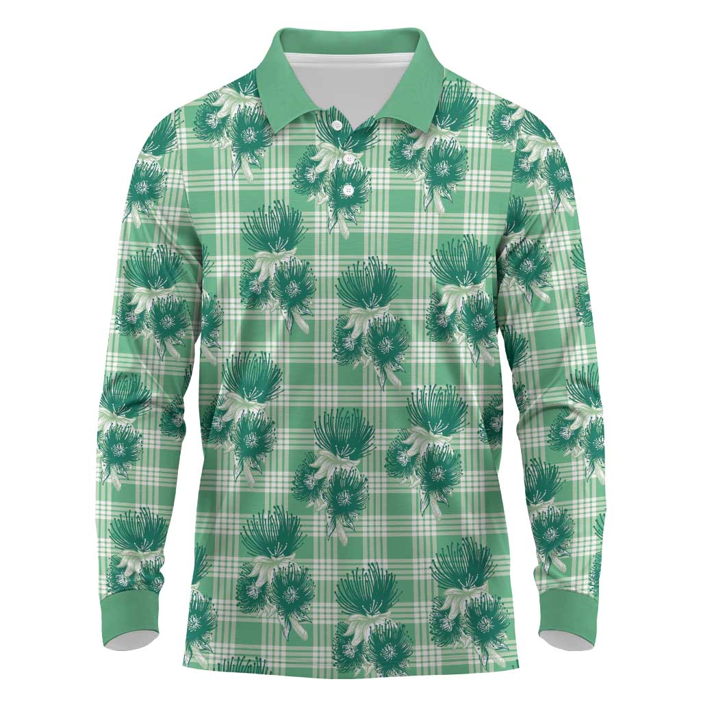 Green Palaka Hawaii Long Sleeve Polo Shirt Hawaiian Lehua Blossoms LT05 Green - Polynesian Pride
