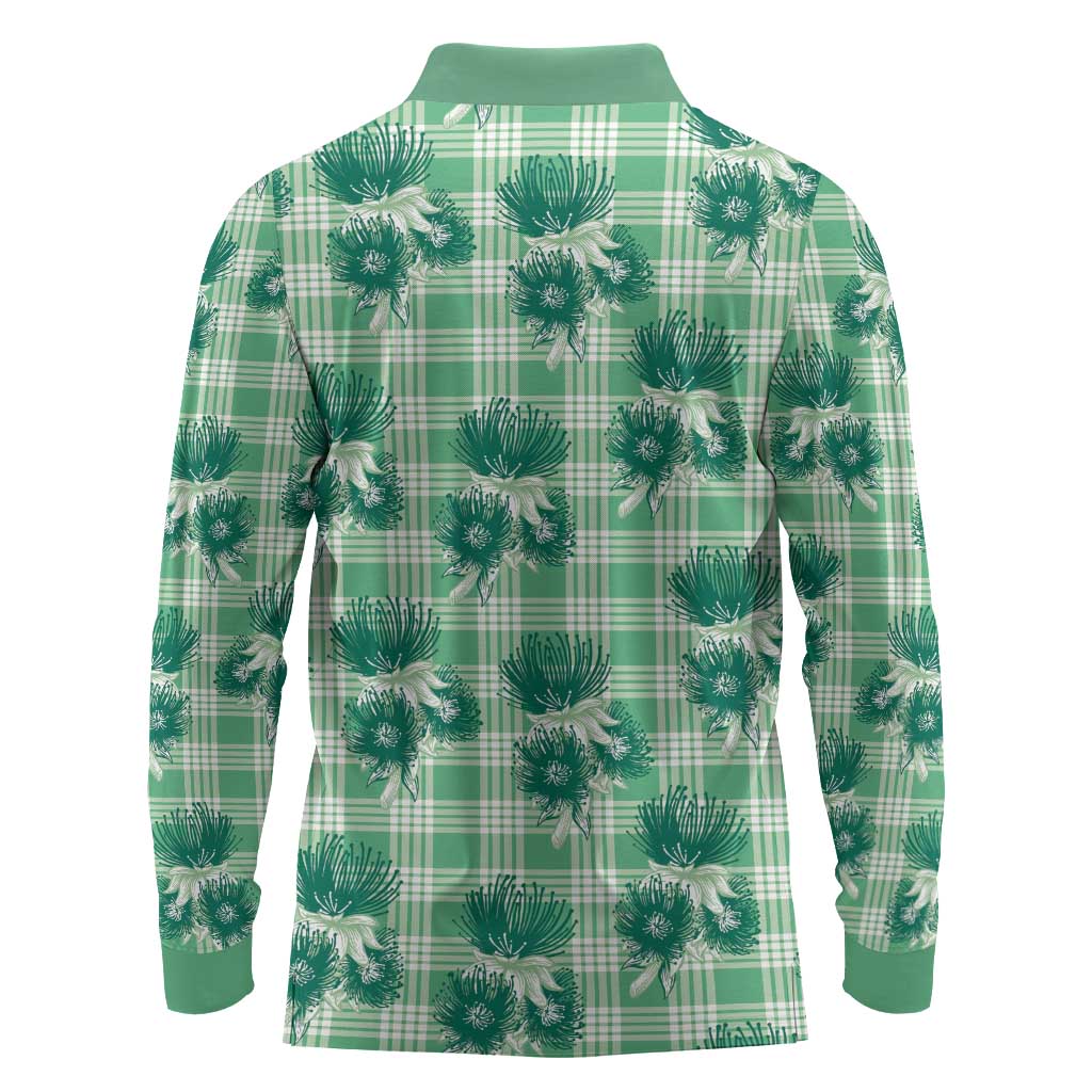 Green Palaka Hawaii Long Sleeve Polo Shirt Hawaiian Lehua Blossoms LT05 - Polynesian Pride