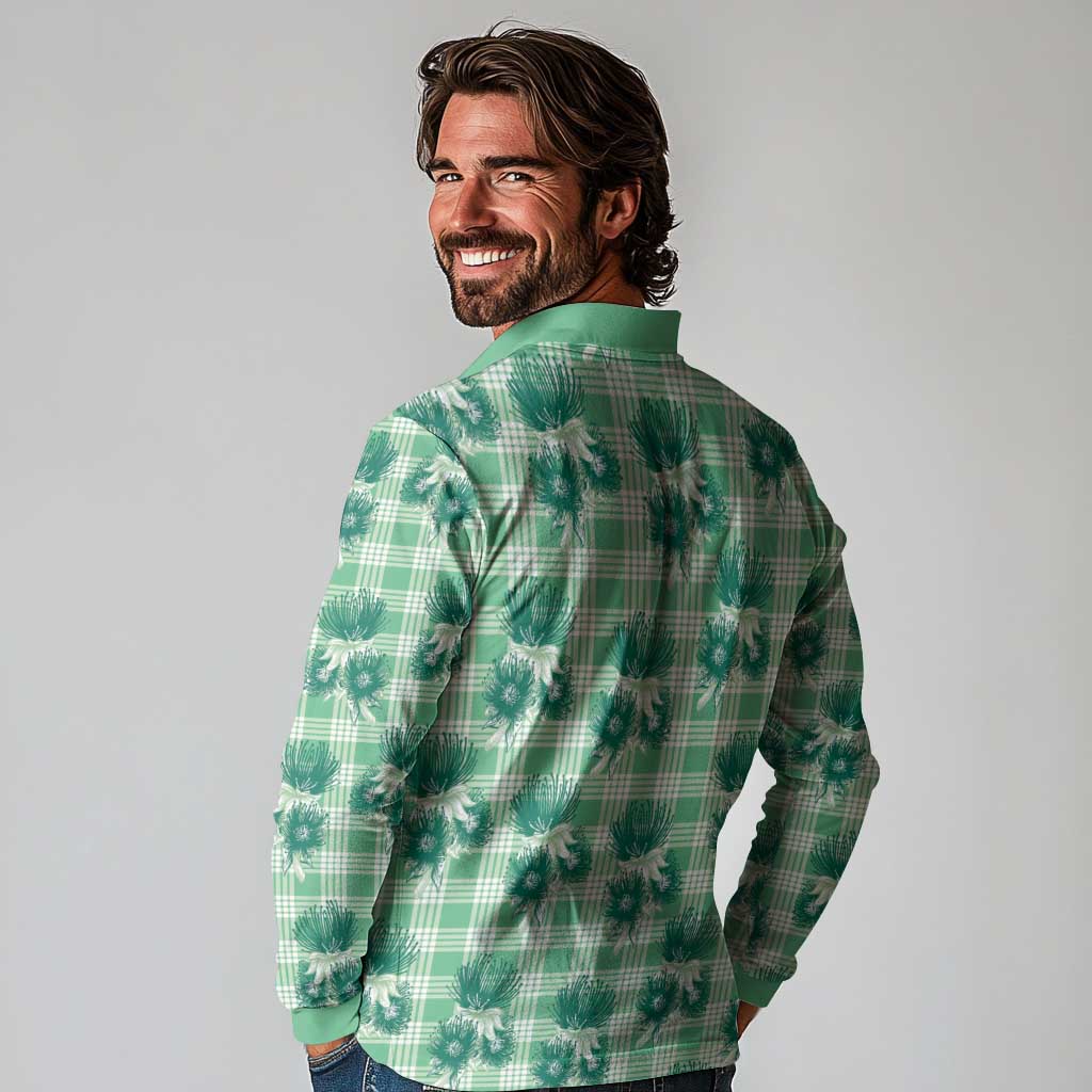 Green Palaka Hawaii Long Sleeve Polo Shirt Hawaiian Lehua Blossoms LT05 - Polynesian Pride