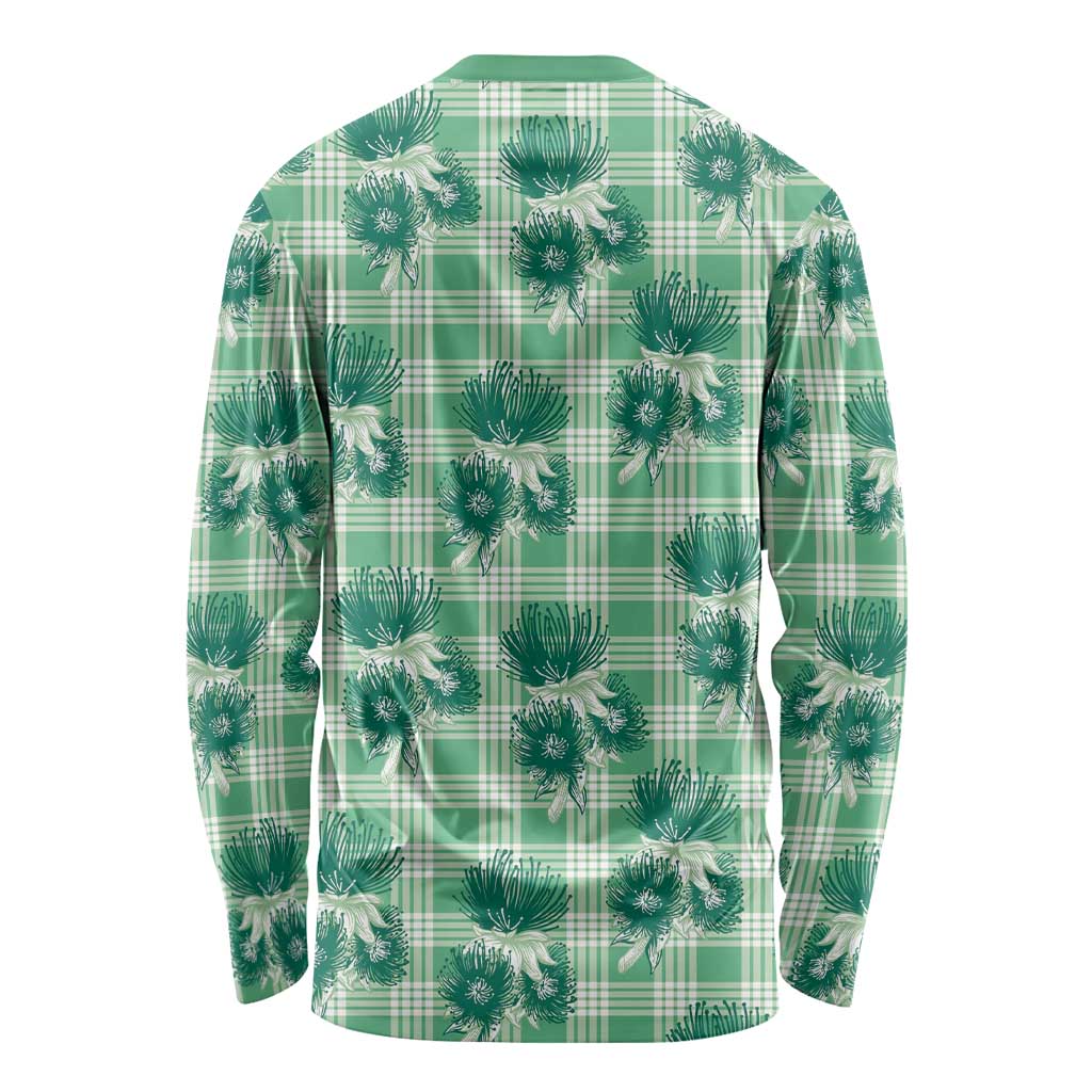 Green Palaka Hawaii Long Sleeve Shirt Hawaiian Lehua Blossoms
