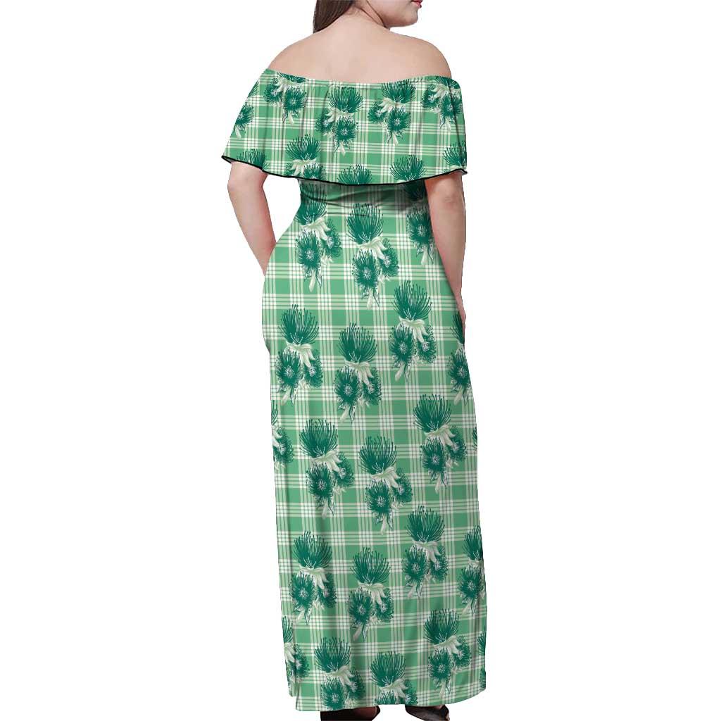 Green Palaka Hawaii Off Shoulder Maxi Dress Hawaiian Lehua Blossoms LT05 - Polynesian Pride