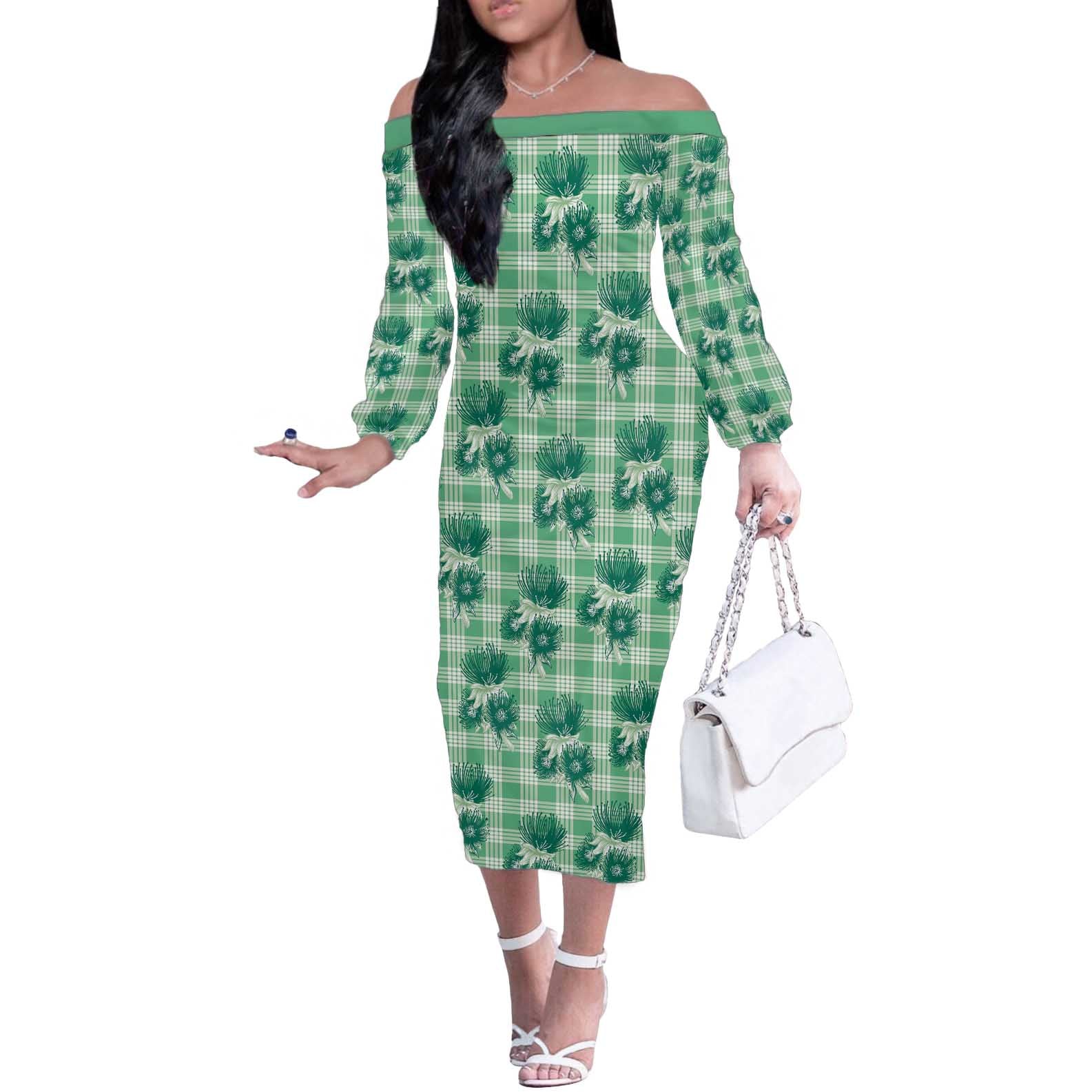 Green Palaka Hawaii Off The Shoulder Long Sleeve Dress Hawaiian Lehua Blossoms