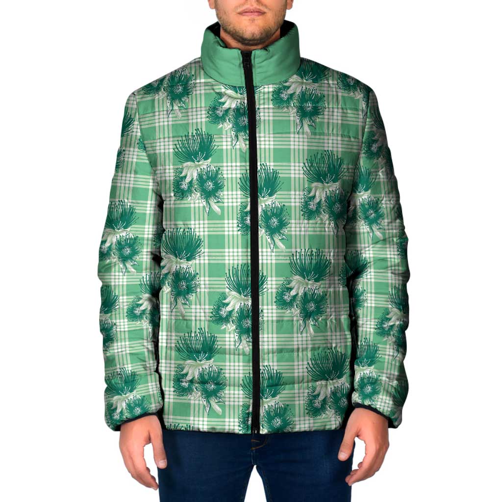Green Palaka Hawaii Padded Jacket Hawaiian Lehua Blossoms