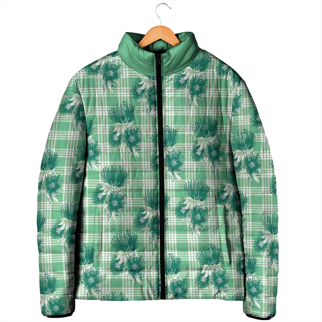 Green Palaka Hawaii Padded Jacket Hawaiian Lehua Blossoms