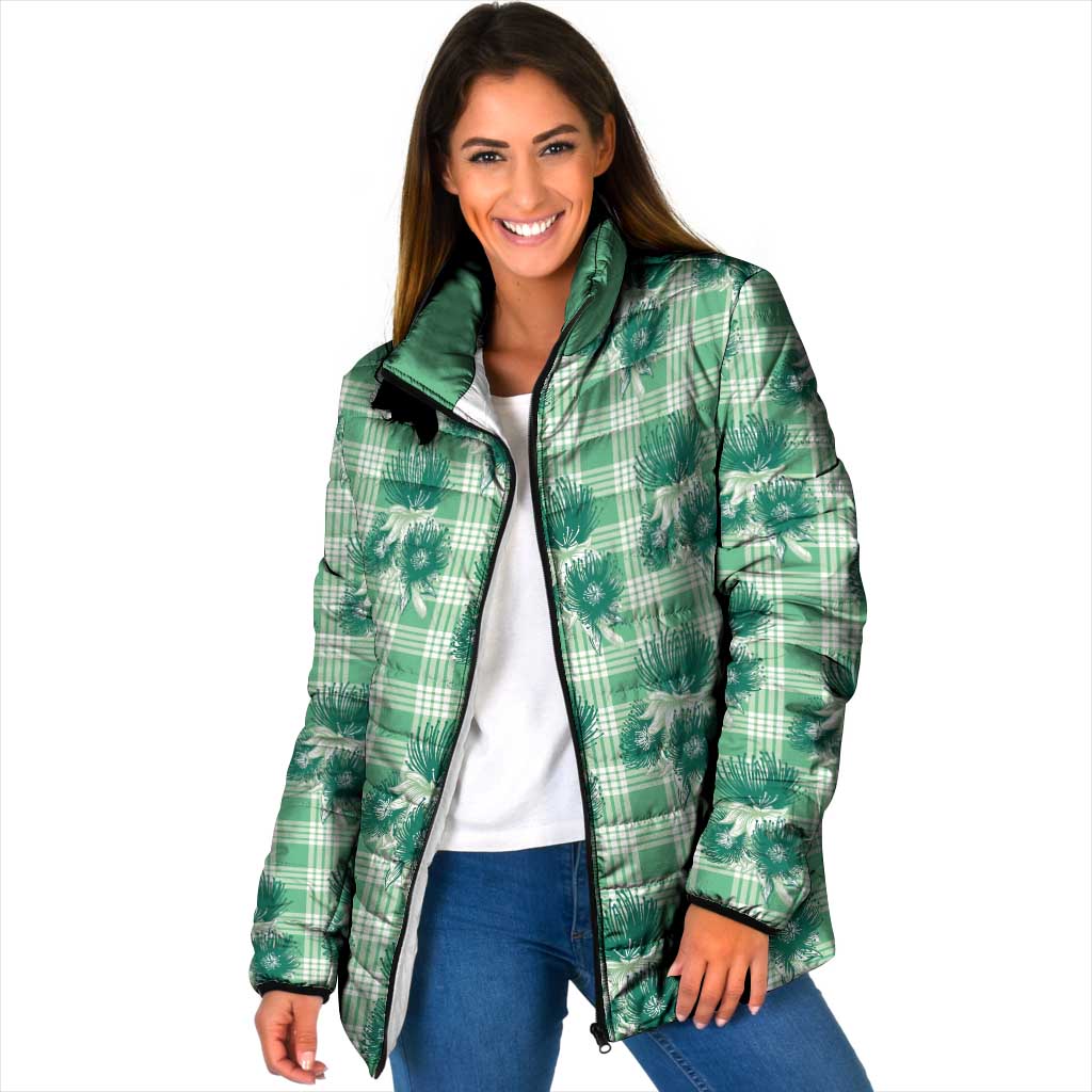 Green Palaka Hawaii Padded Jacket Hawaiian Lehua Blossoms