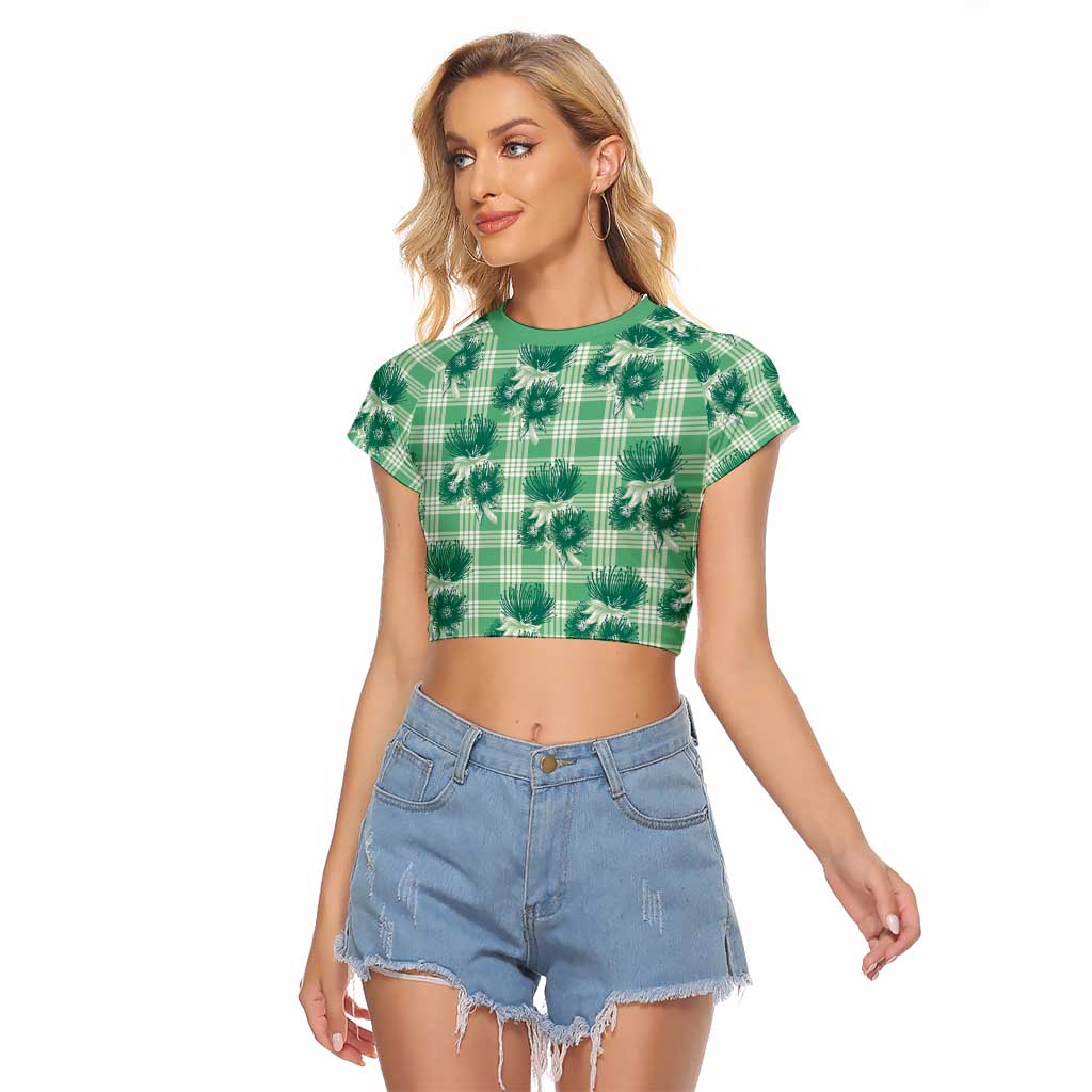 Green Palaka Hawaii Raglan Cropped T Shirt Hawaiian Lehua Blossoms LT05 Female Green - Polynesian Pride