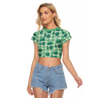 Green Palaka Hawaii Raglan Cropped T Shirt Hawaiian Lehua Blossoms LT05 Female Green - Polynesian Pride