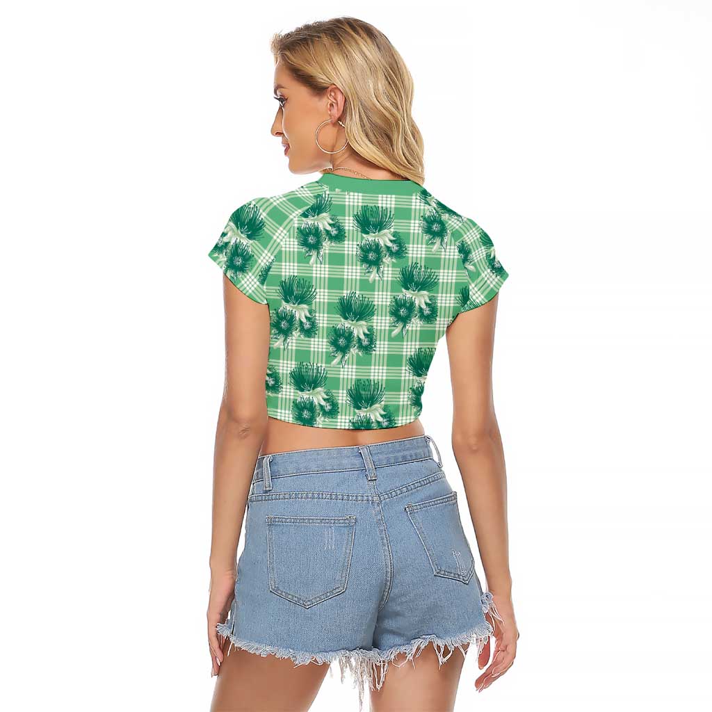 Green Palaka Hawaii Raglan Cropped T Shirt Hawaiian Lehua Blossoms LT05 - Polynesian Pride