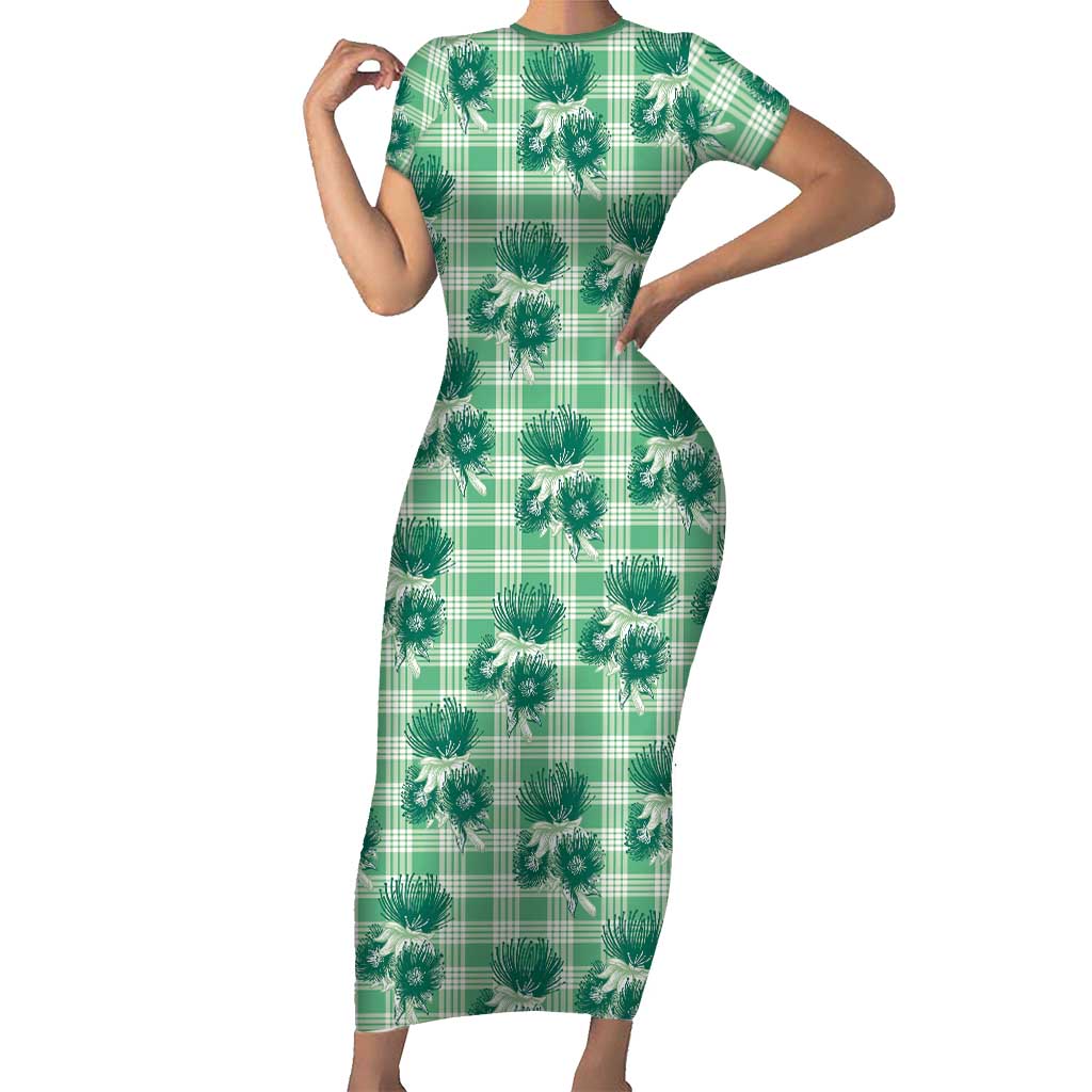 Green Palaka Hawaii Short Sleeve Bodycon Dress Hawaiian Lehua Blossoms LT05 Long Dress Green - Polynesian Pride